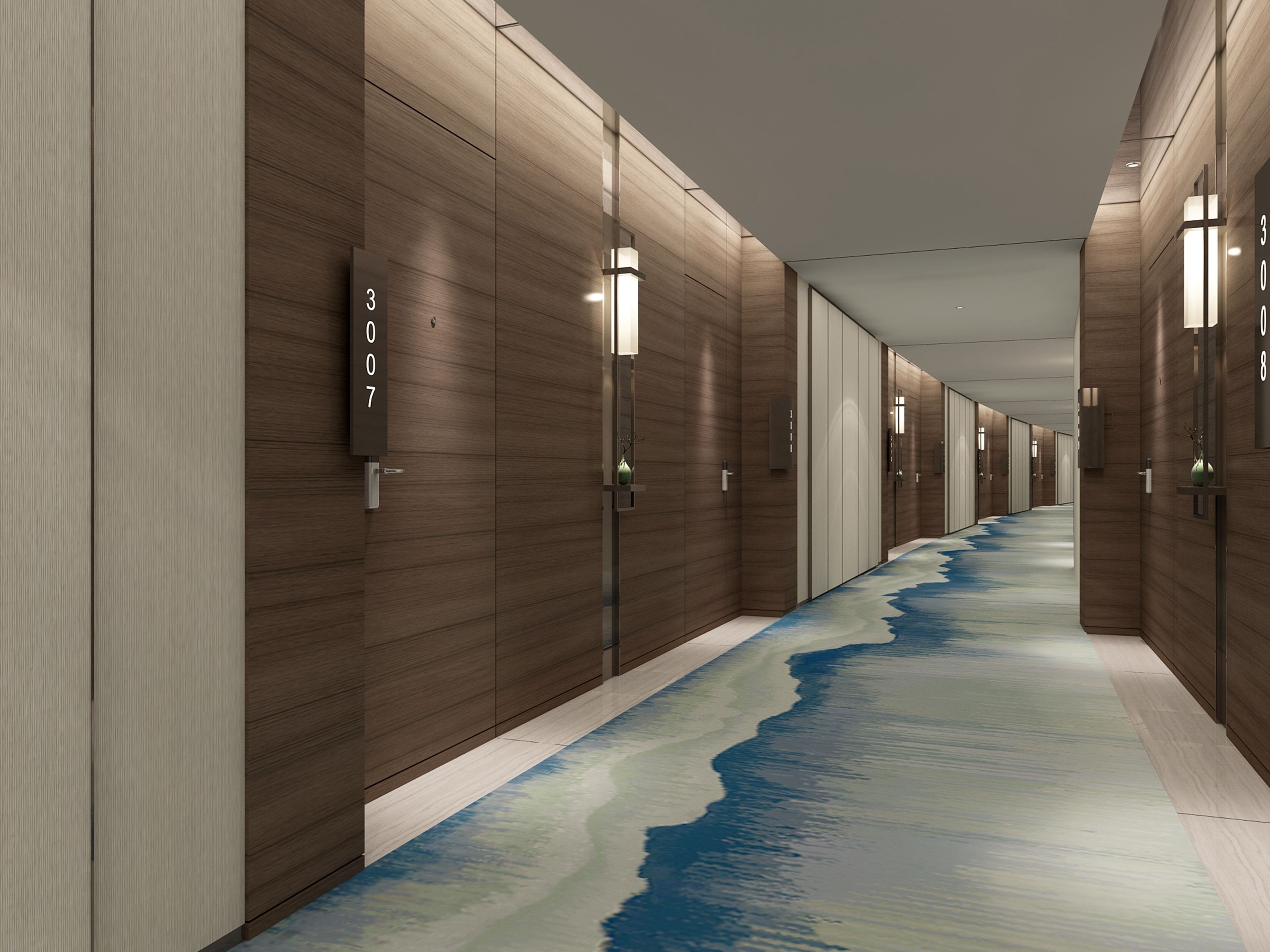 Un couloir moderne avec un lambris en bois, des portes numérotées et un tapis aux motifs bleus et verts.