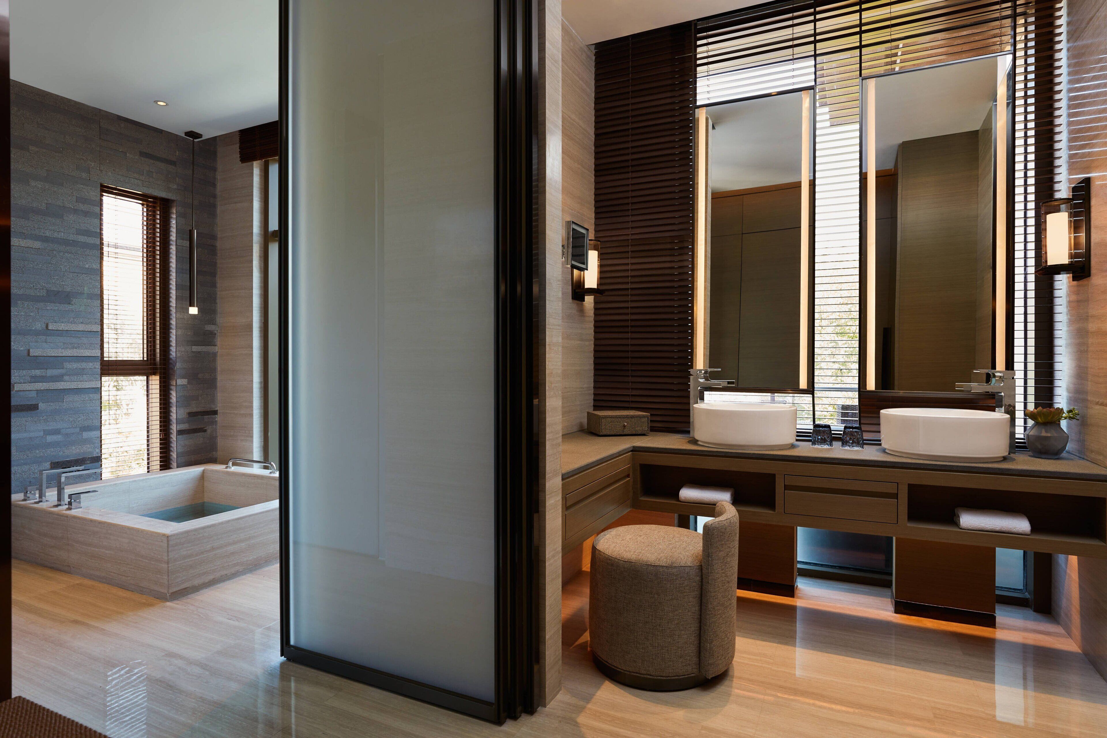 separate bathtub and shower, free toiletries, hair dryer, bathrobes