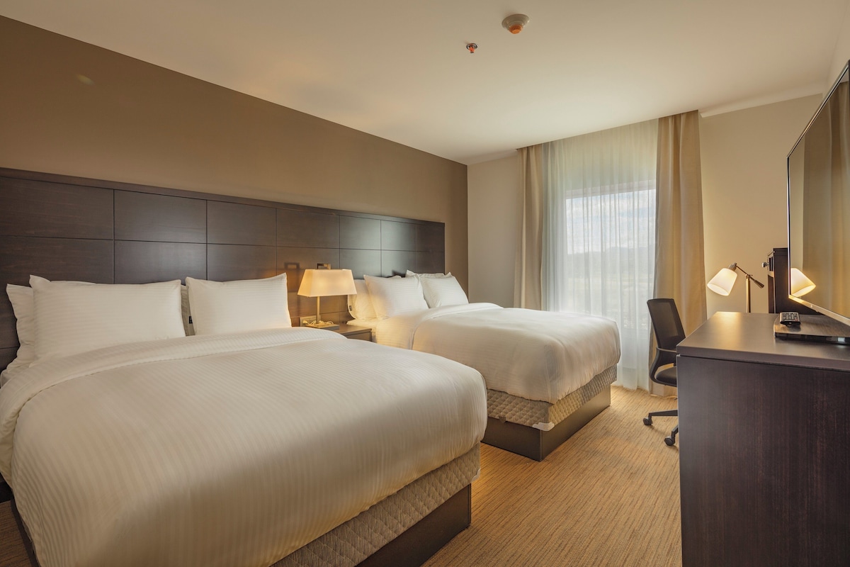Habitación de hotel con dos camas, un escritorio, una silla y un amplio ventanal con cortinas.