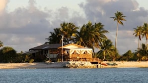 Ein Strandgrundstück mit Holzgebäude, möglicherweise ein Strandhaus, umgeben von Palmen und einem Sandstrand.