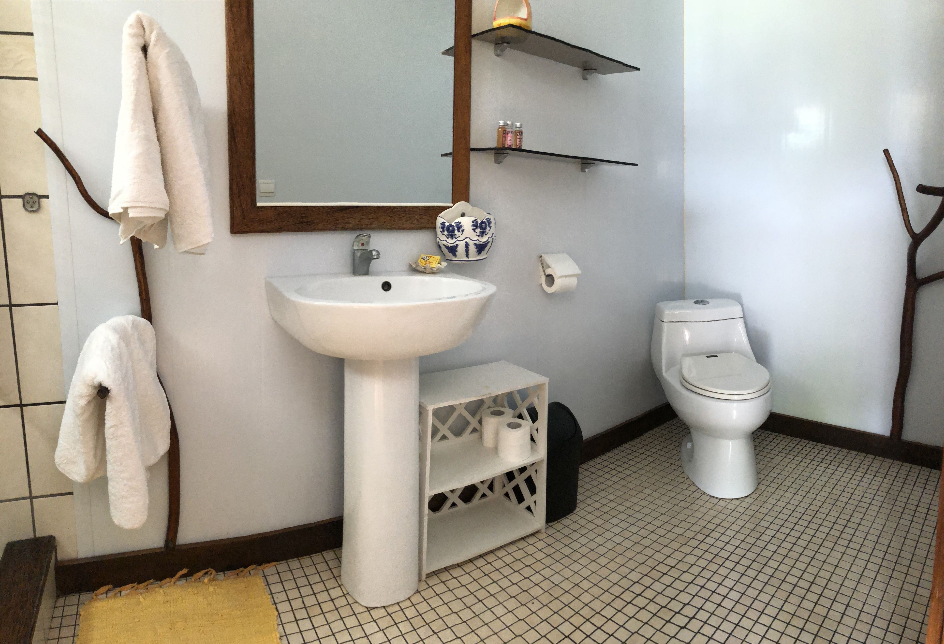A bathroom with a white sink, toilet, and towel rack.