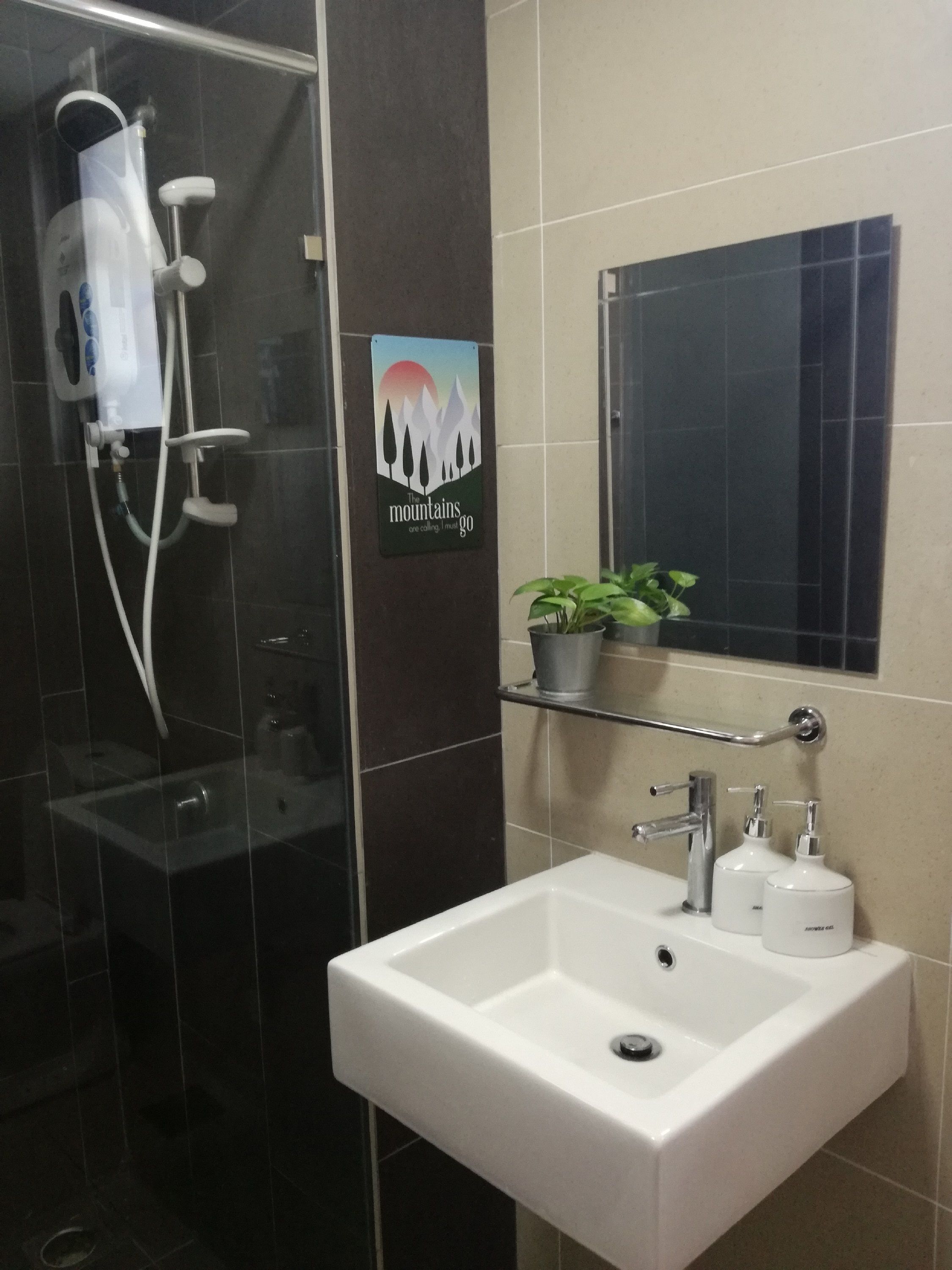 A bathroom with a glass-enclosed shower, a white sink with two soap dispensers, and a potted plant on a shelf above the mirror.