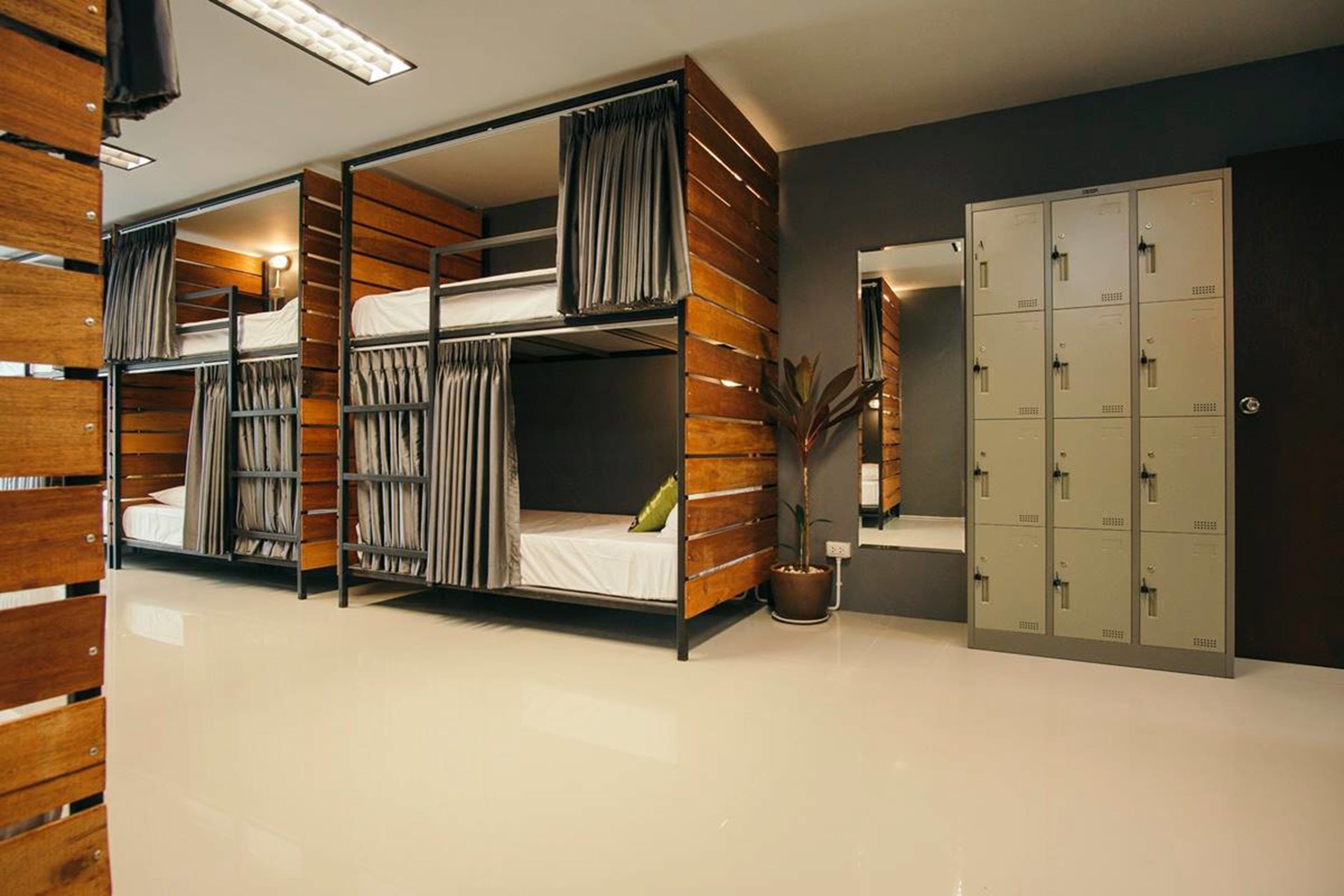 A bunk room with wooden paneling, a potted plant, and a set of lockers.