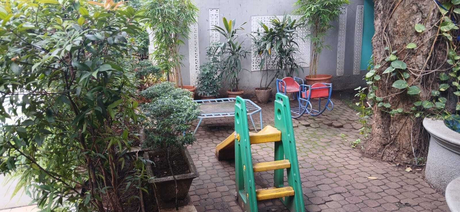 Un patio con plantas en macetas, una escalera verde y sillas rojas.