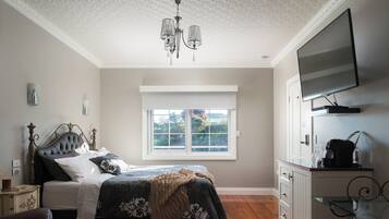 Un dormitorio con cama, ventana, televisor y armario.