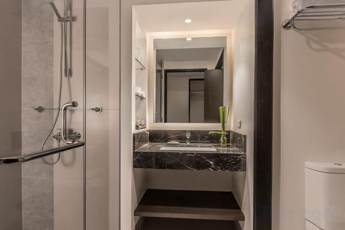 Bathroom | Shower, free toiletries, hair dryer, bathrobes