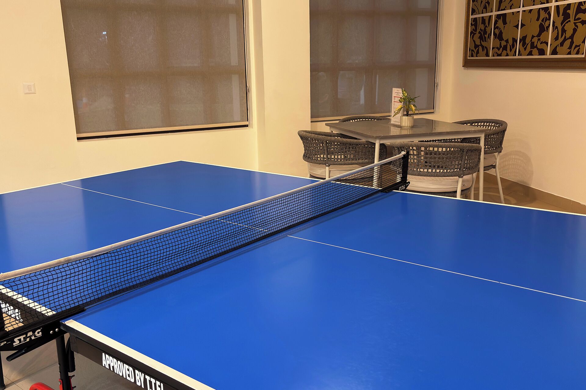 A ping pong table with a net in the center, surrounded by wicker chairs and a small table with a potted plant.