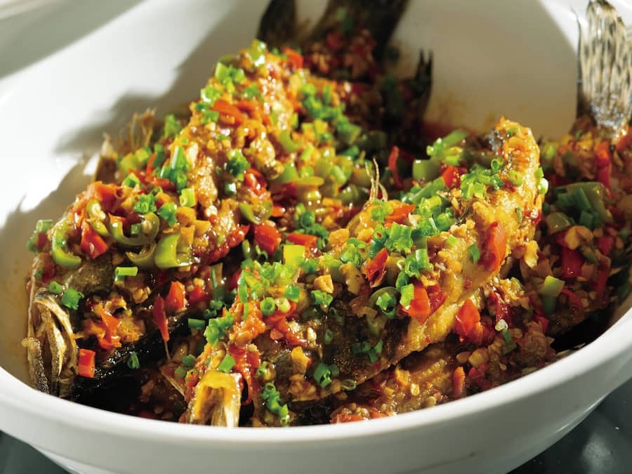 A bowl of cooked fish with vegetables and green onions.