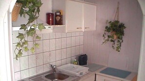 A small kitchen with white cabinets, a sink, and a stove. There are plants hanging from the ceiling and a shelf with a clock and a small appliance. - Pension Münch - Am Anger (Nuenchritz)
