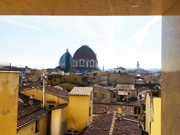 Un paisaje urbano con edificios históricos, una cúpula destacada y una torre a lo lejos.