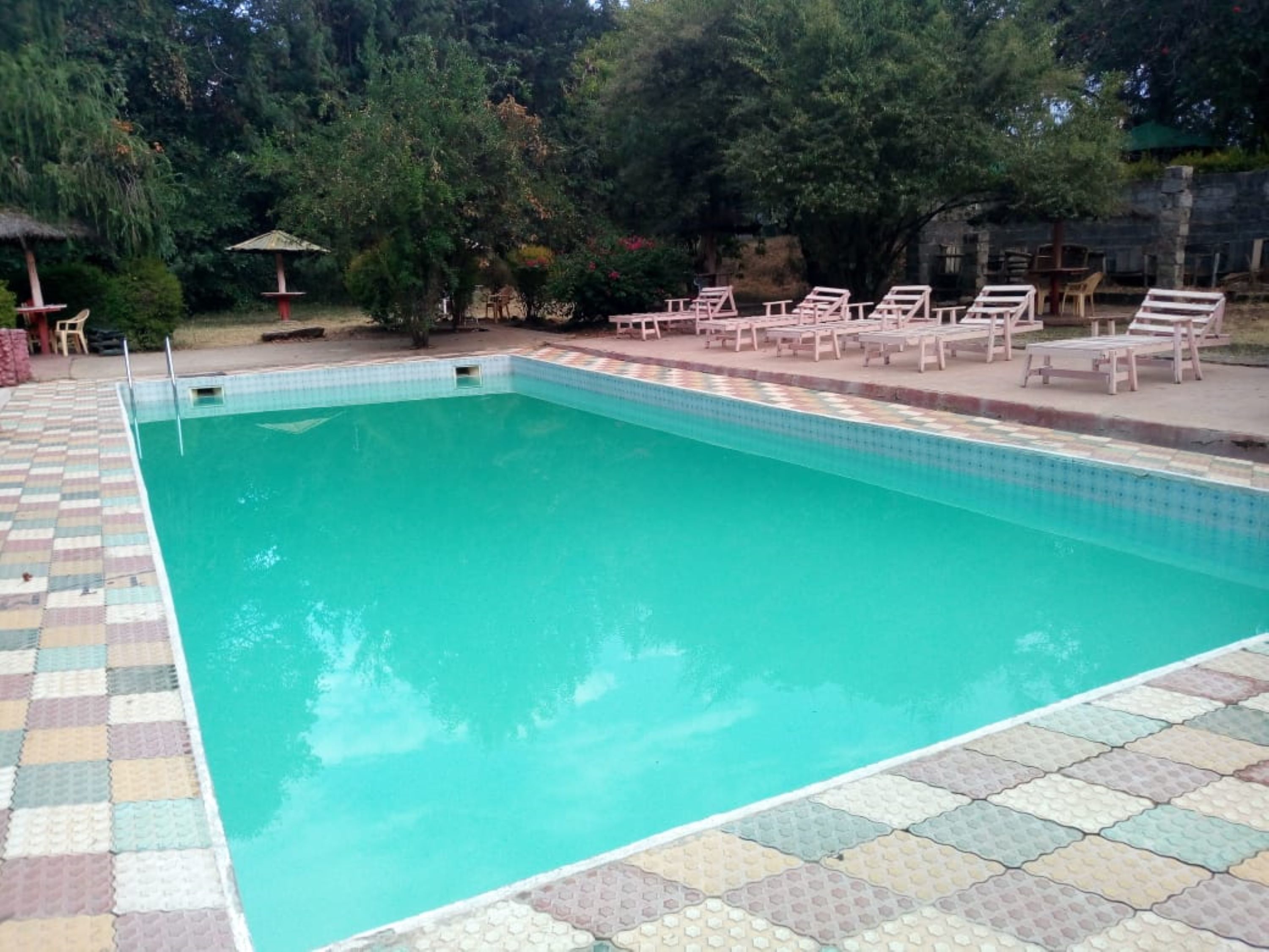 outdoor pool, pool umbrellas, pool loungers