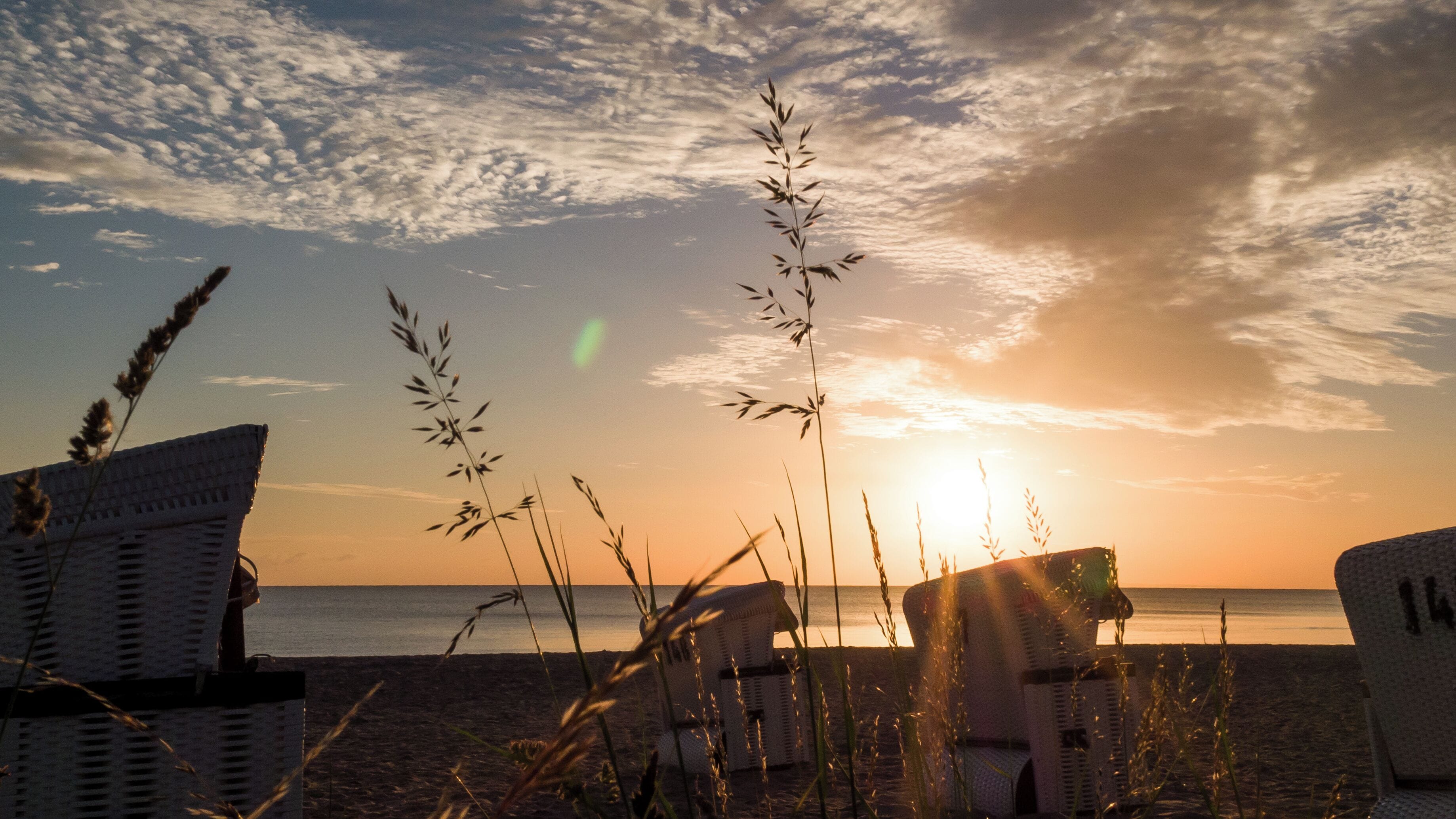 A beach scene with wicker chairs and tall grasses, overlooking the ocean at sunset.