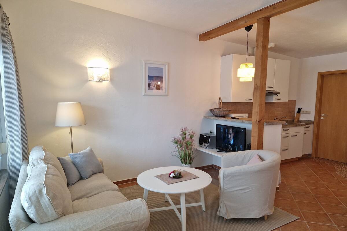 Ett vardagsrum med en soffa, ett litet runt bord, en stol, en lampa, en tv och en köksdel med skåp och en hängande lampa.