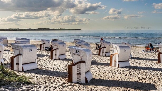 A beach with rows of numbered beach chairs and a view of the sea. - Hotelanlage Tarnewitzer Hof (Boltenhagen)