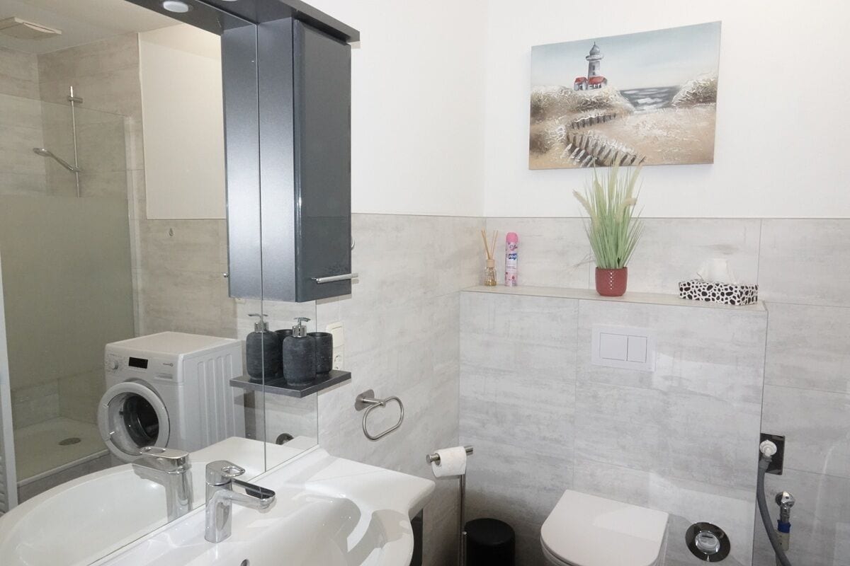 Une salle de bain moderne équipée d’un lave-linge, d’un évier, de toilettes et d’une douche.