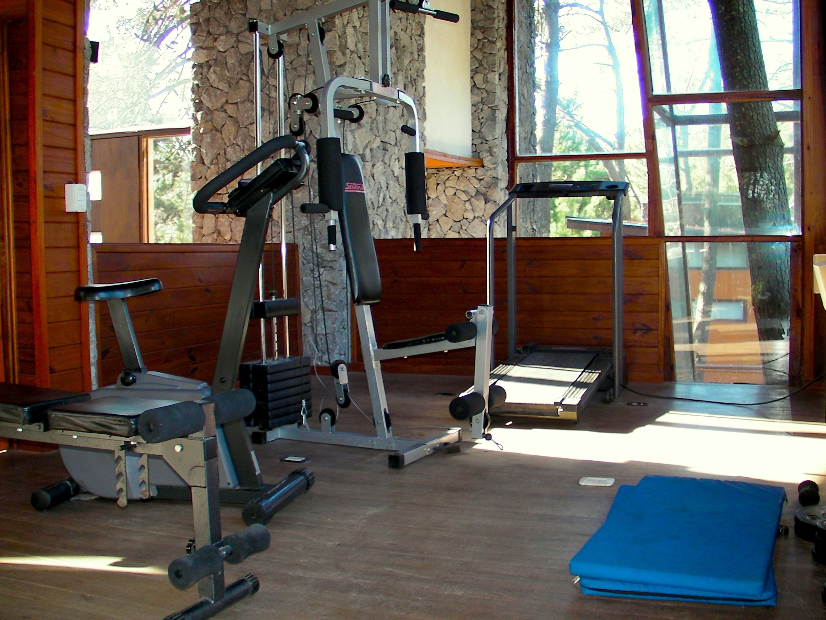A gym with various exercise equipment, a blue mat, and large windows with a view of trees.