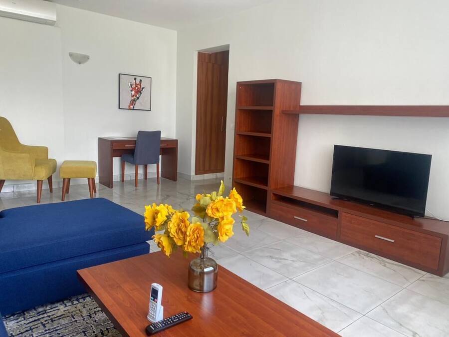 Een woonkamer met een bank, een bijzettafeltje met een bloevas, een televisie op een houten dressoir, en een bureau met een stoel.
