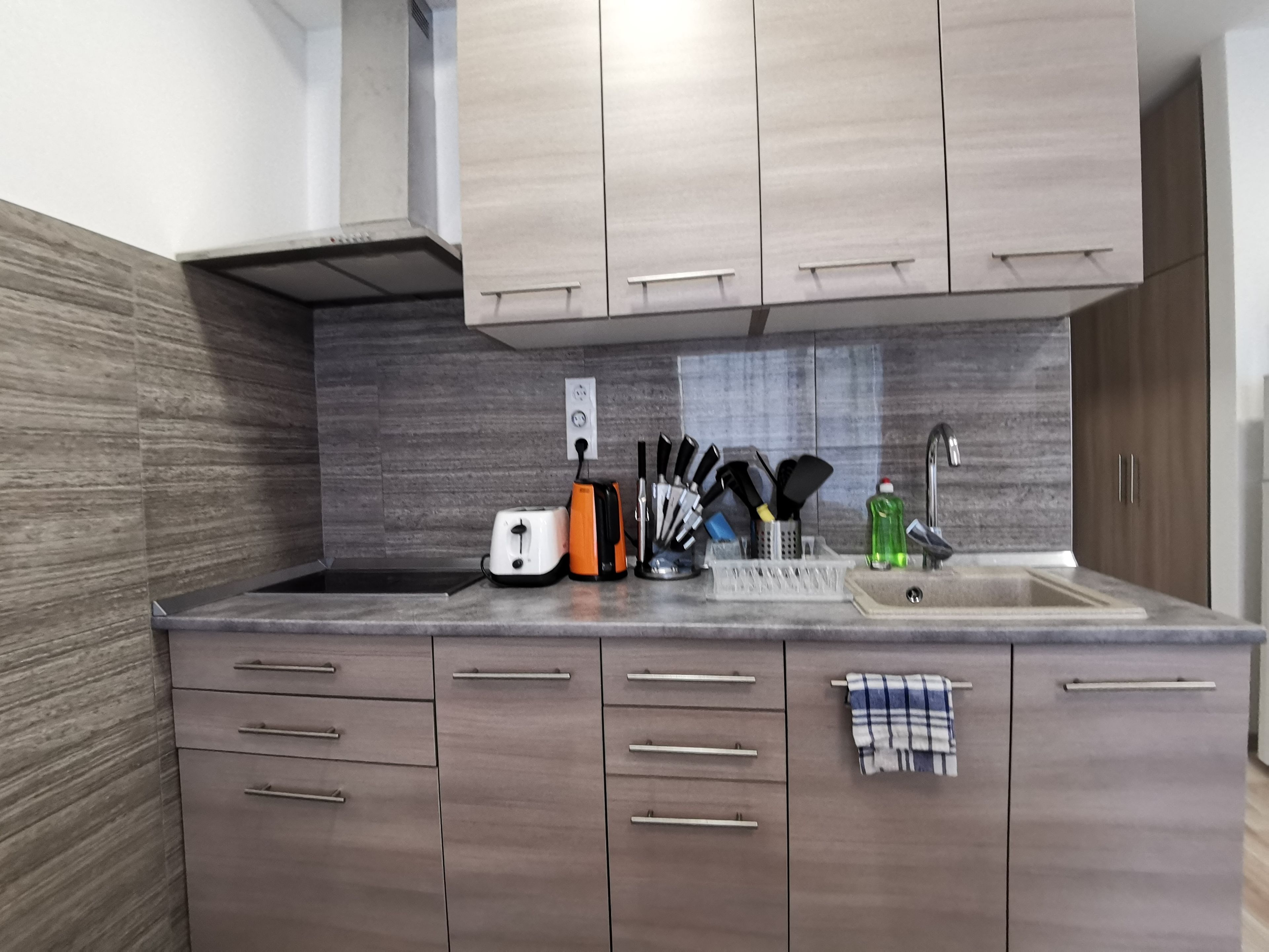 Una cocina moderna con armarios de madera, horno integrado y un lavamanos.