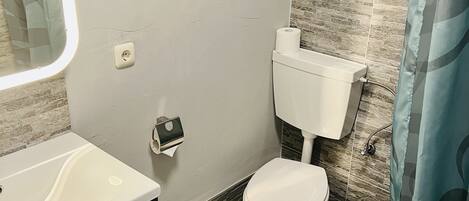 A bathroom with a white toilet, a sink with a mirror, and a shower curtain.
