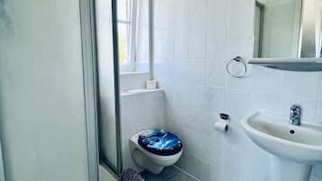 A bathroom with a toilet, sink, and a shower area.