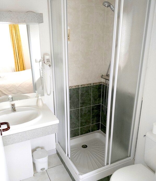 Une salle de bain avec un lavabo blanc, un miroir, un sèche-cheveux, une douche avec une porte en verre et des toilettes.