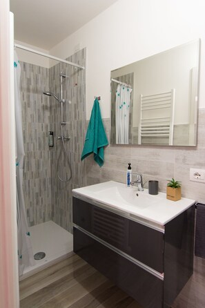 Shower, eco-friendly toiletries, hair dryer, bidet