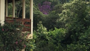 Un espacio al aire libre cubierto con un sendero de piedra que conduce a una cerca de madera, rodeado de exuberante vegetación y un paisaje montañoso.