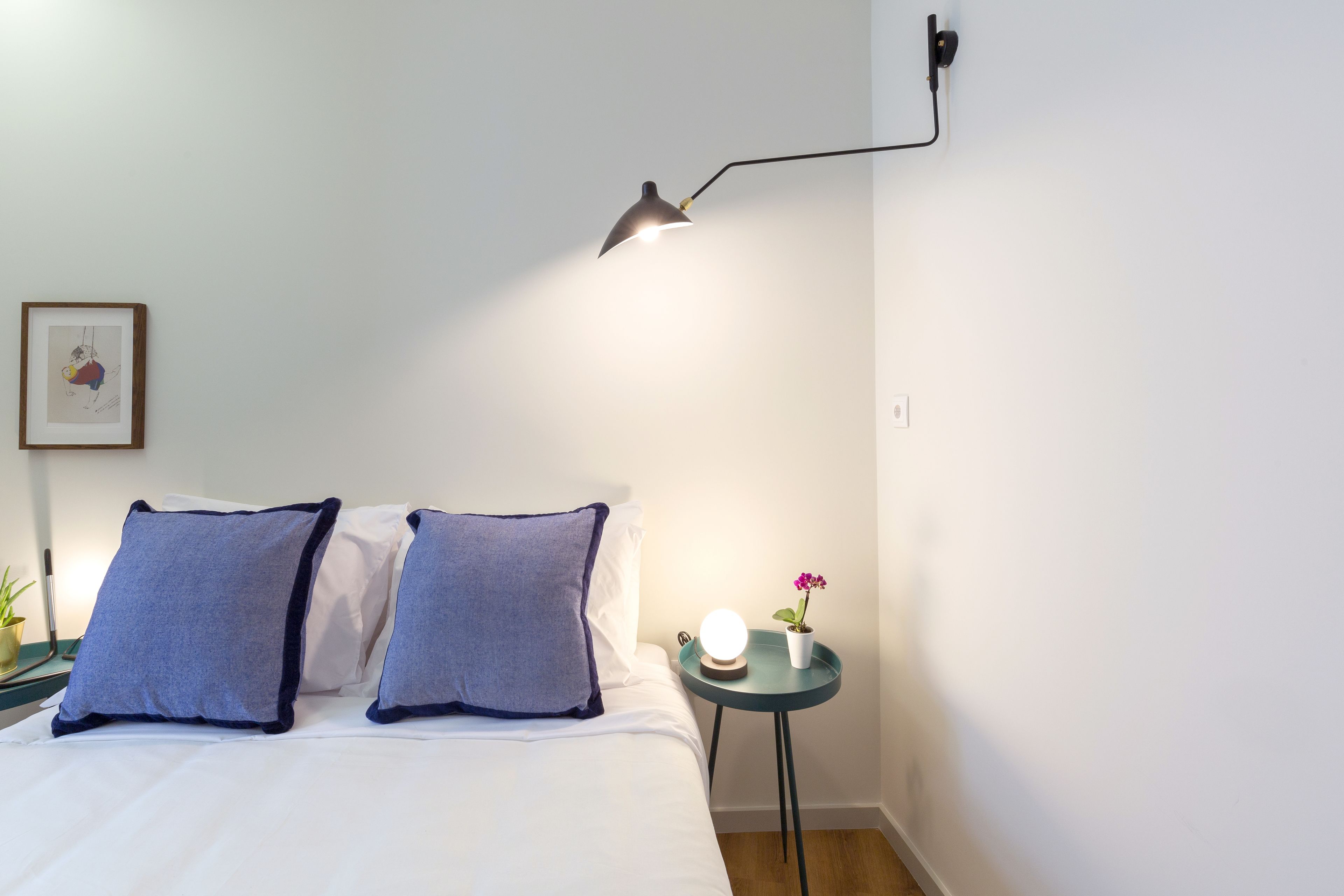 A neatly made bed with two pillows, a bedside table with a lamp, a small potted plant, and a framed picture on the wall.