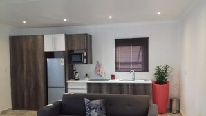 Un espacio habitable pequeño con kitchenette, sofá y una planta en maceta.