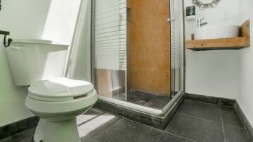 Un baño con inodoro, ducha con puerta de vidrio y lavabo con espejo decorativo.