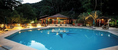 Indoor pool, outdoor pool, pool loungers