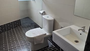 A bathroom with a toilet, sink, and shower area.