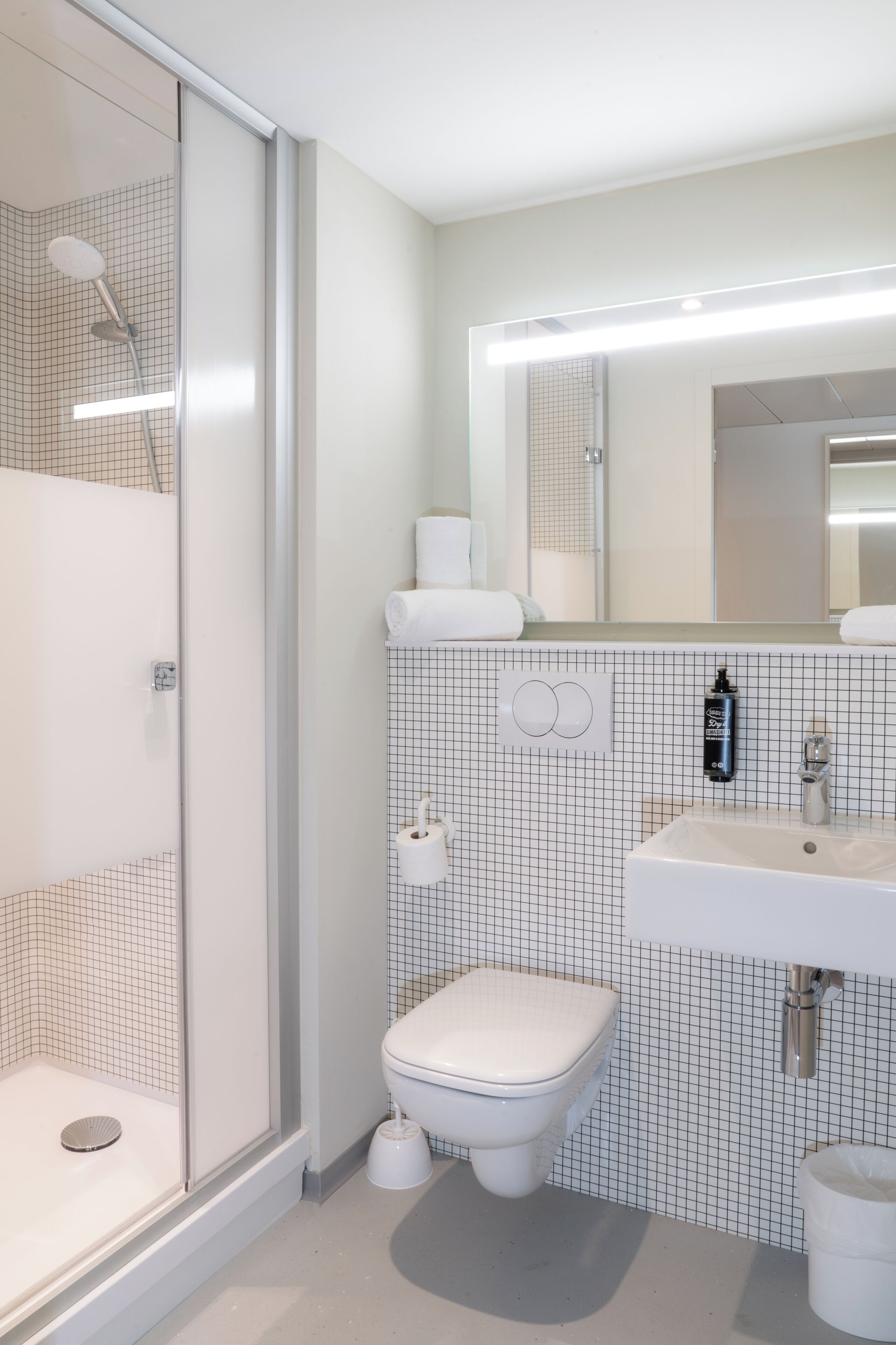 A modern bathroom with a glass shower enclosure, a white toilet, and a sink with a mirror above it.
