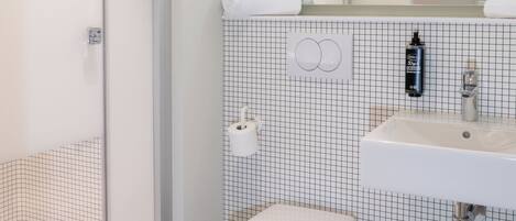 A modern bathroom with a glass shower enclosure, a white toilet, and a sink with a mirror above it.