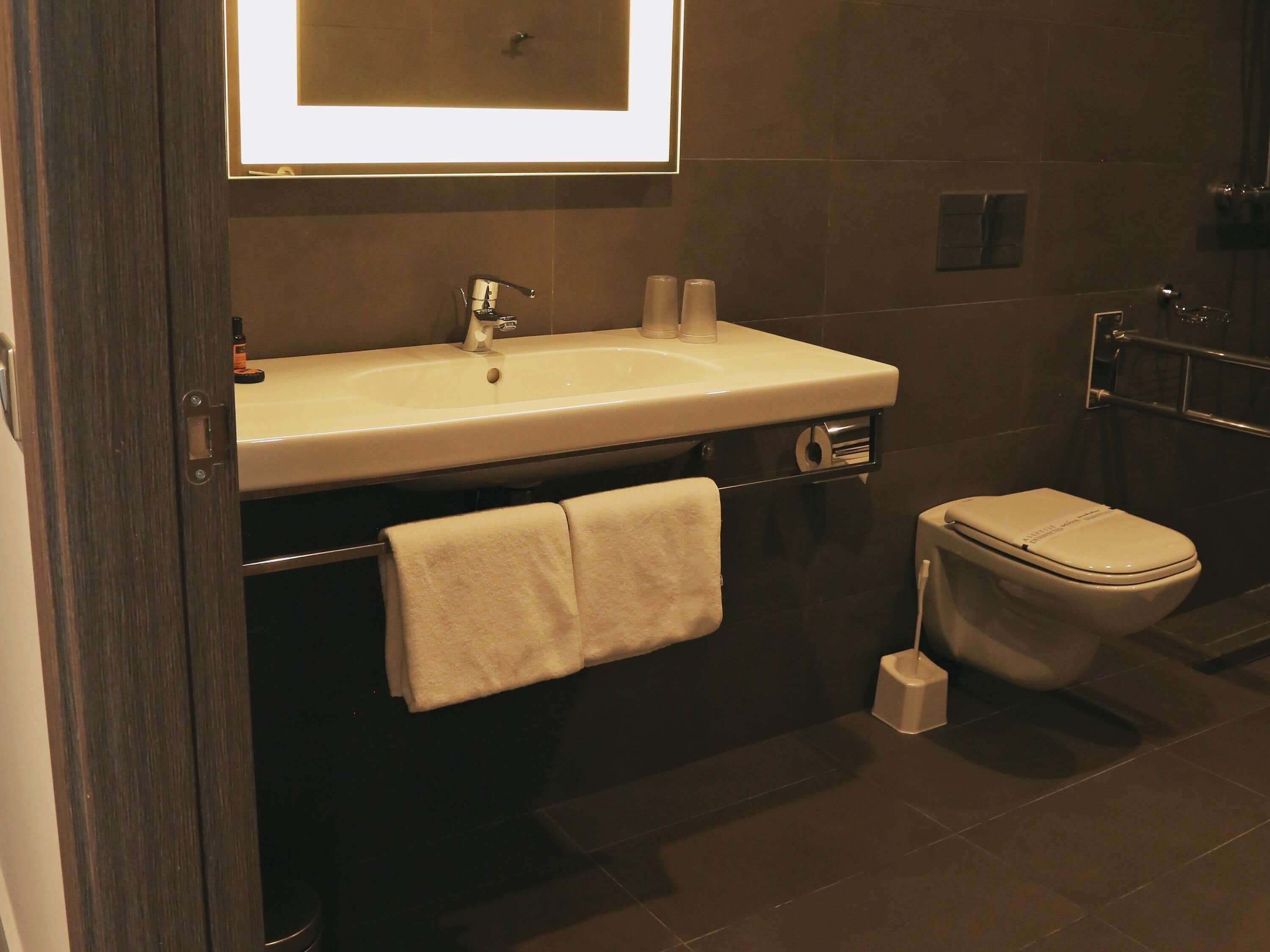 Une salle de bain avec un lavabo, des toilettes et un porte-serviettes.