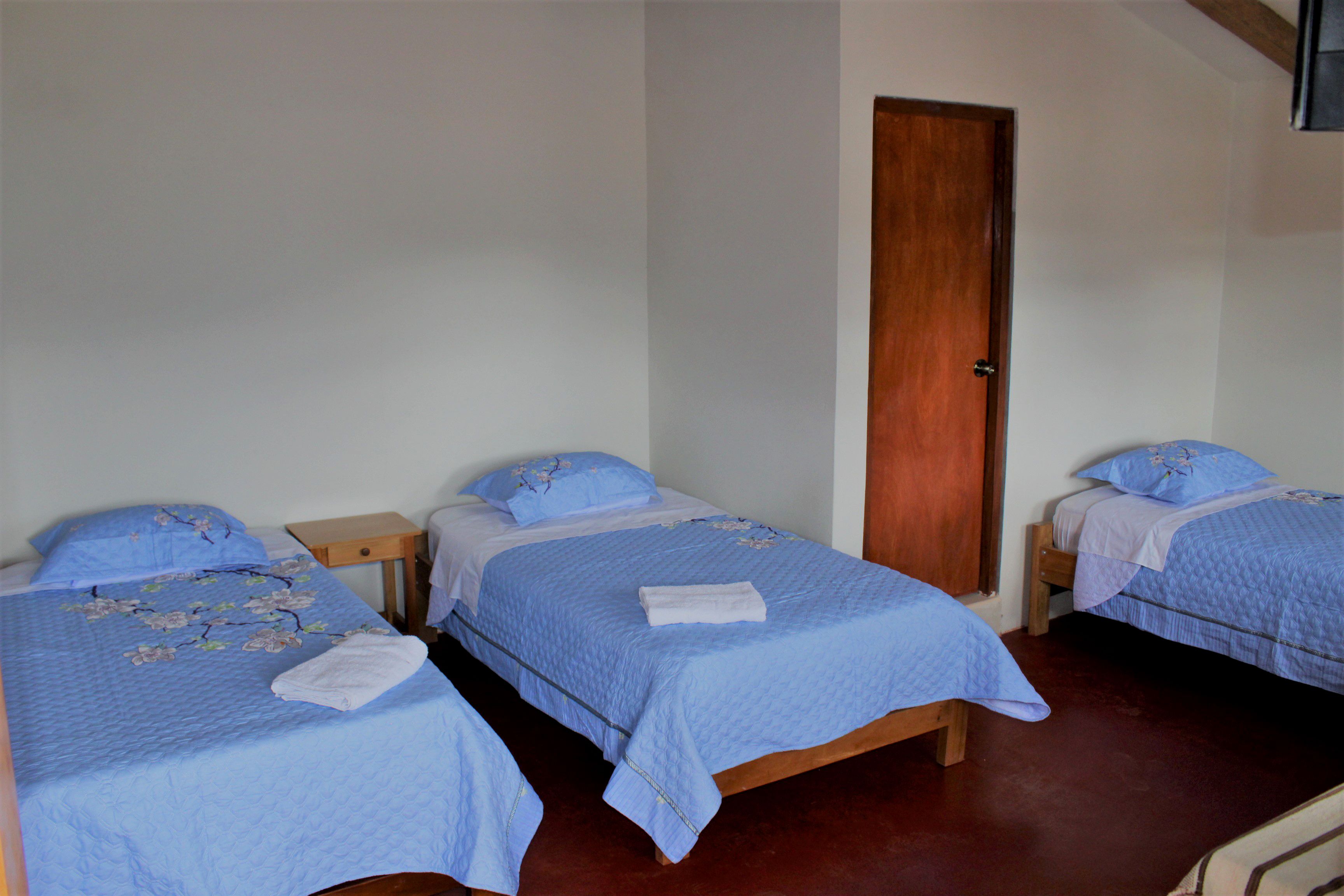 A room with two beds, each with a blue bedspread and matching pillows. There is a wooden door and a small wooden nightstand between the beds.