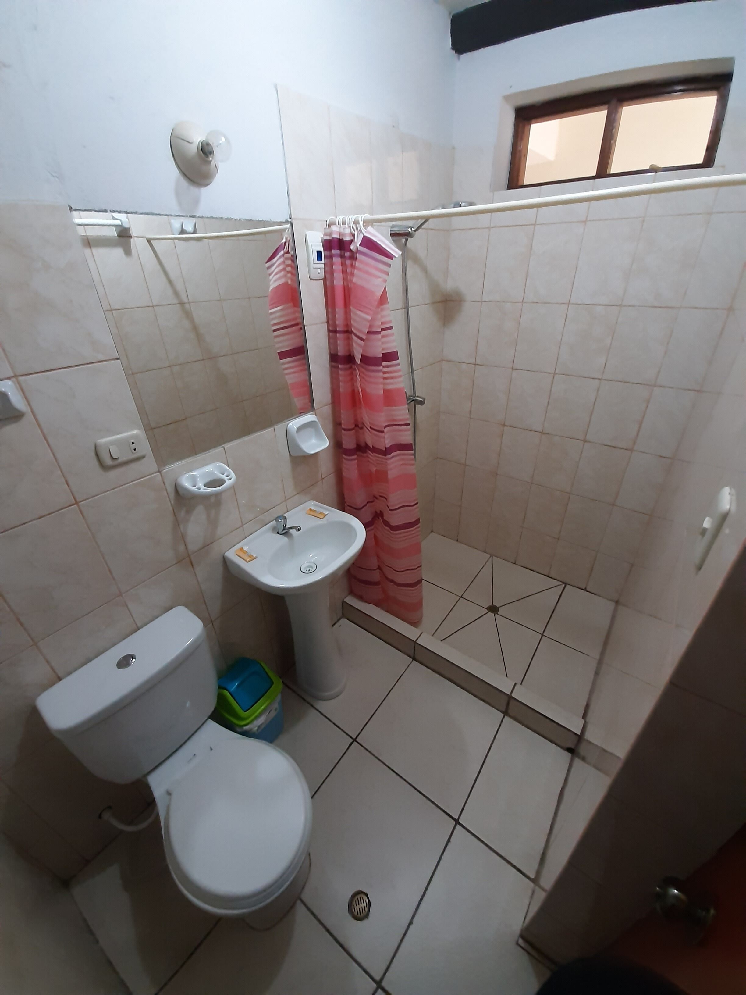A bathroom with a toilet, sink, and shower.