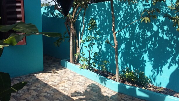 A courtyard with a tiled floor, a blue wall, and a tree. - Casa em Cabo Frio (Cabo Frio)