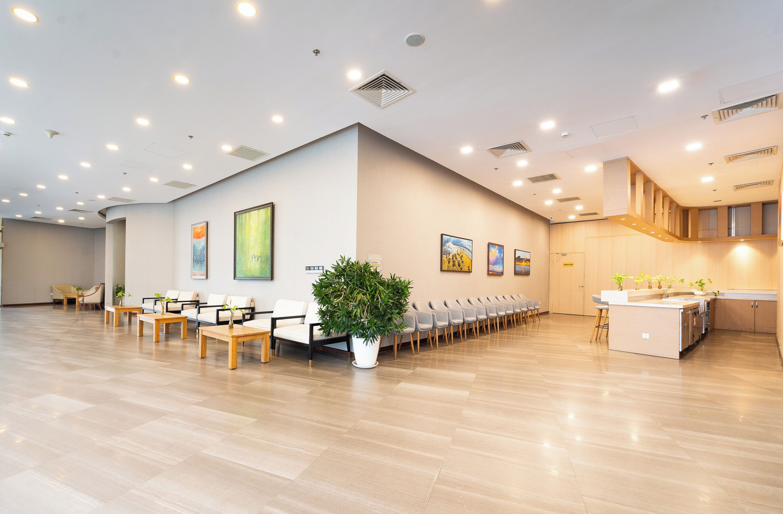 A spacious lobby with a long reception desk, multiple seating areas, and a large potted plant.