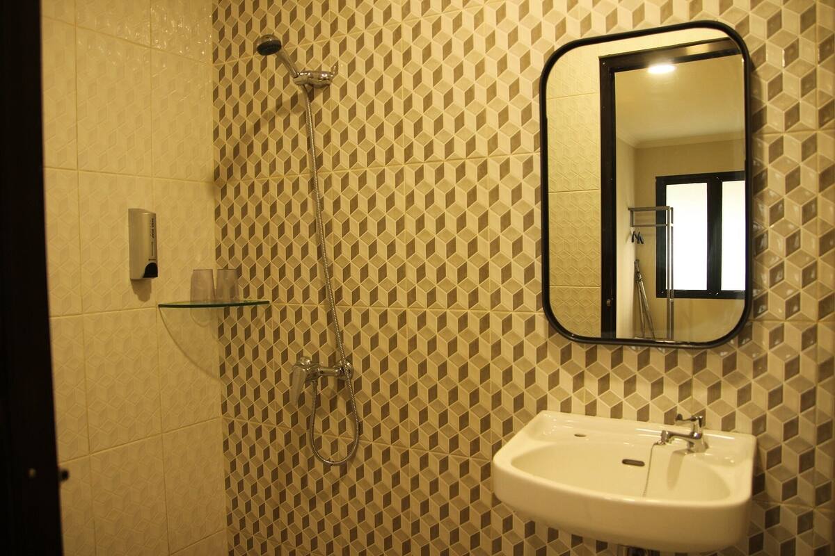A bathroom with a geometric patterned wall, a handheld showerhead, a wall-mounted mirror, and a white sink.