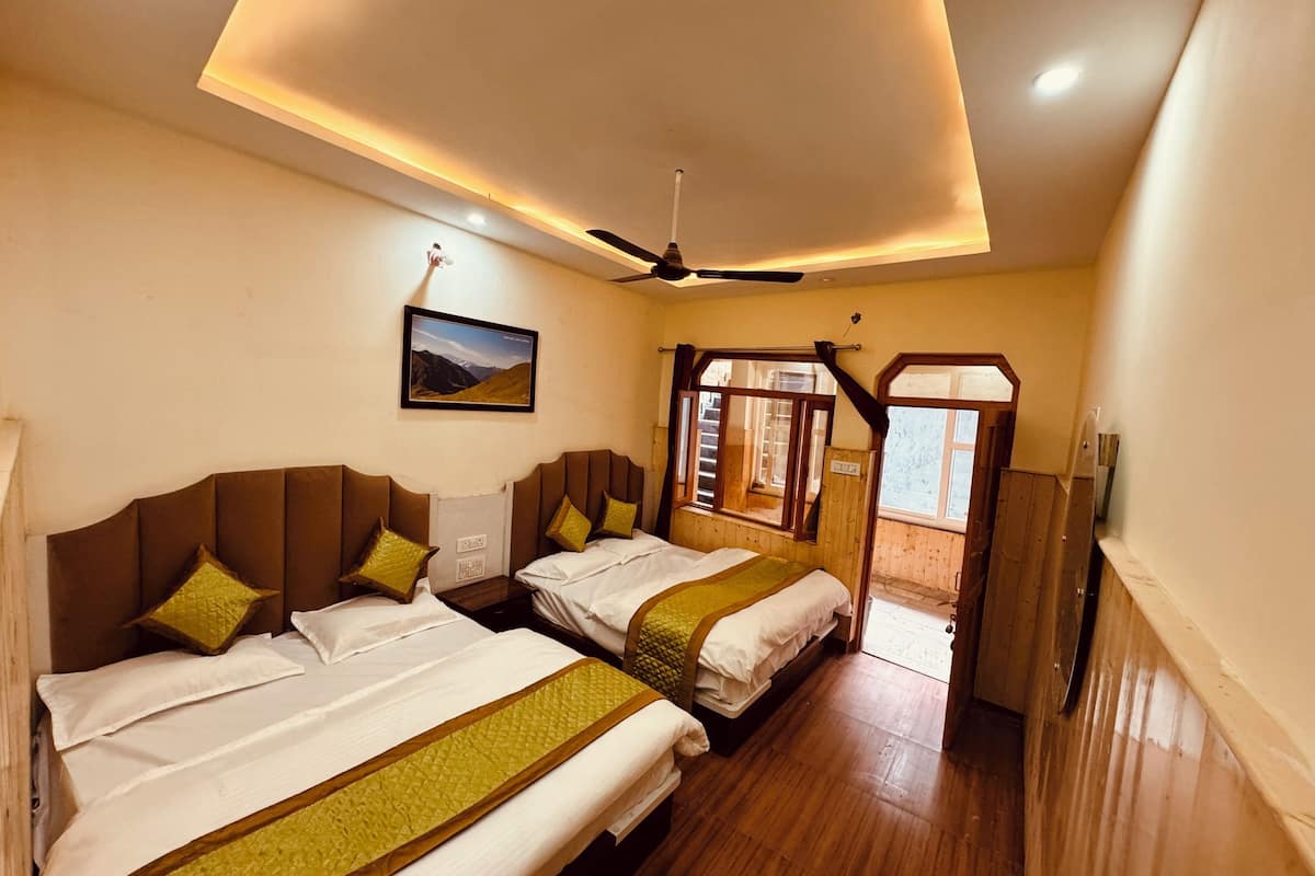 A hotel room with two beds, a ceiling fan, a framed picture, and a view of the outside.