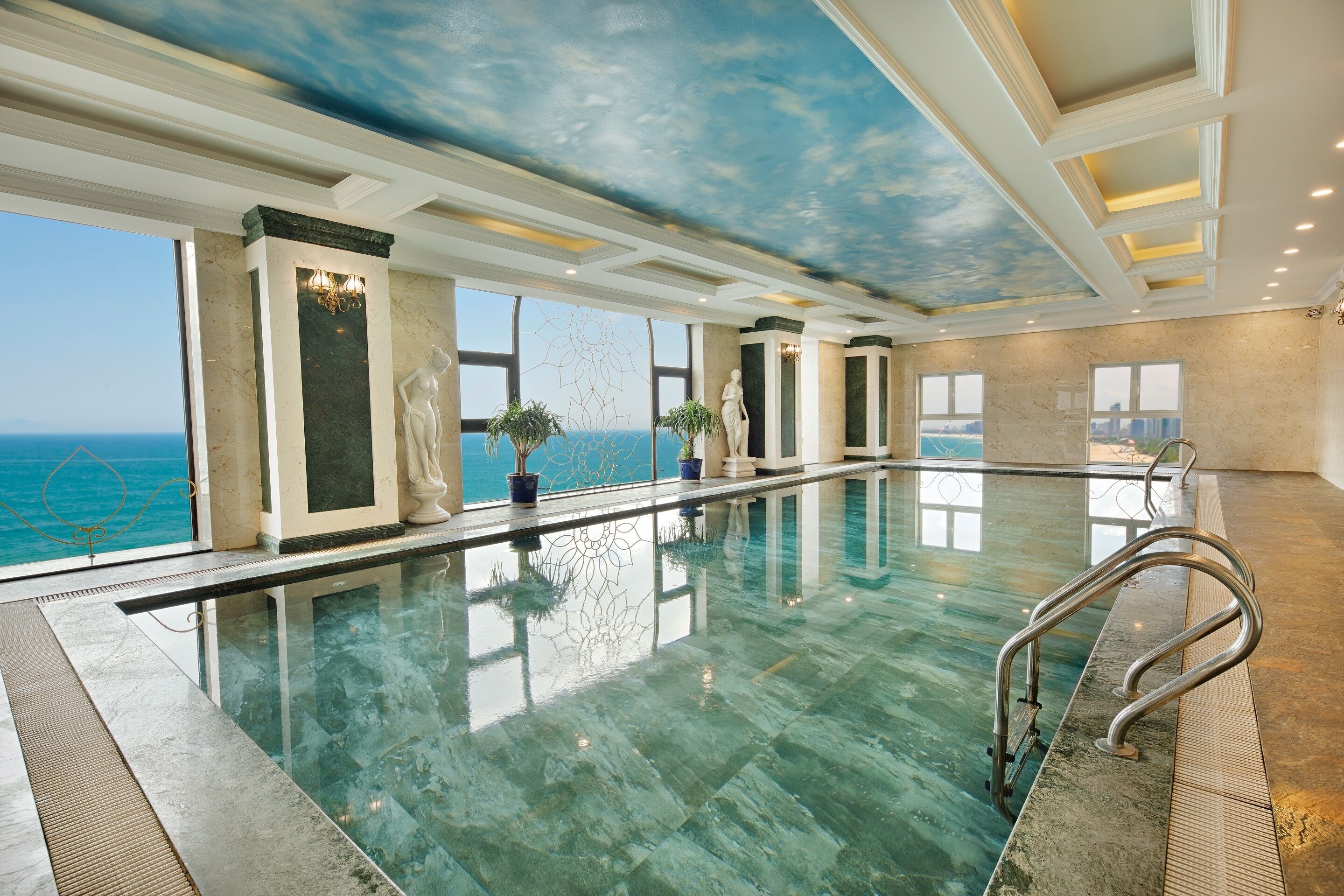 indoor pool, pool loungers