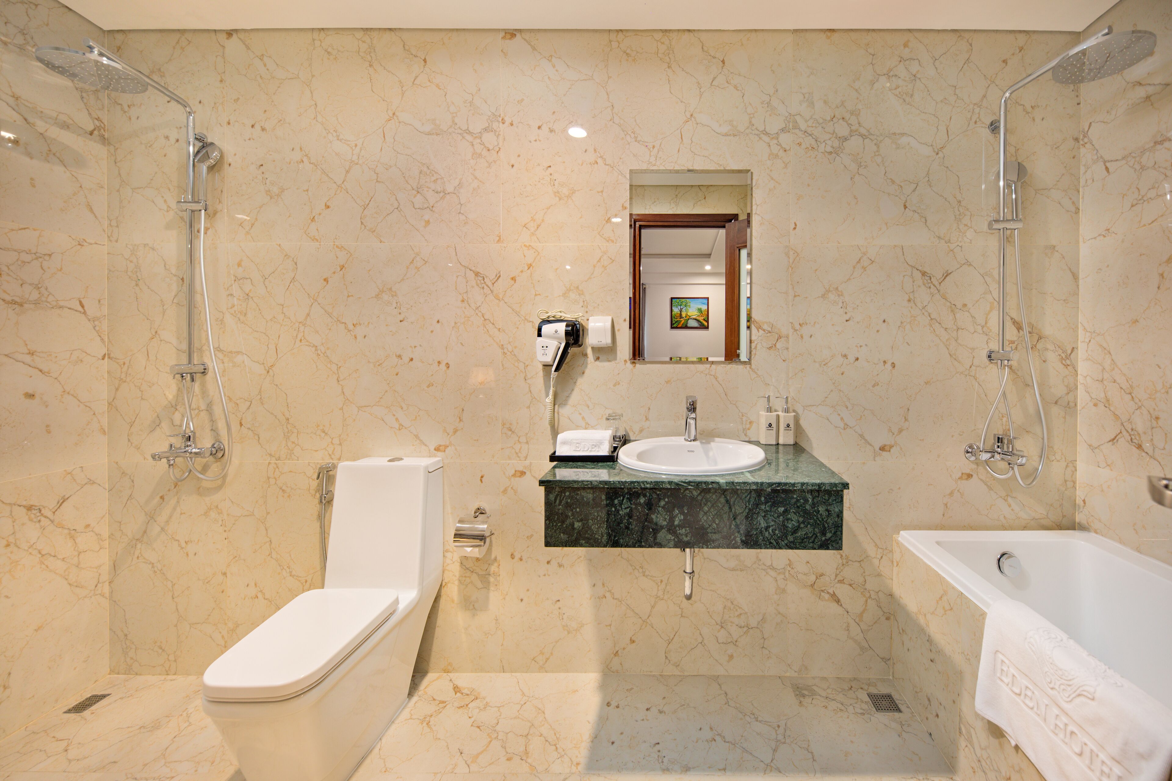 free toiletries, hair dryer, bathrobes, slippers