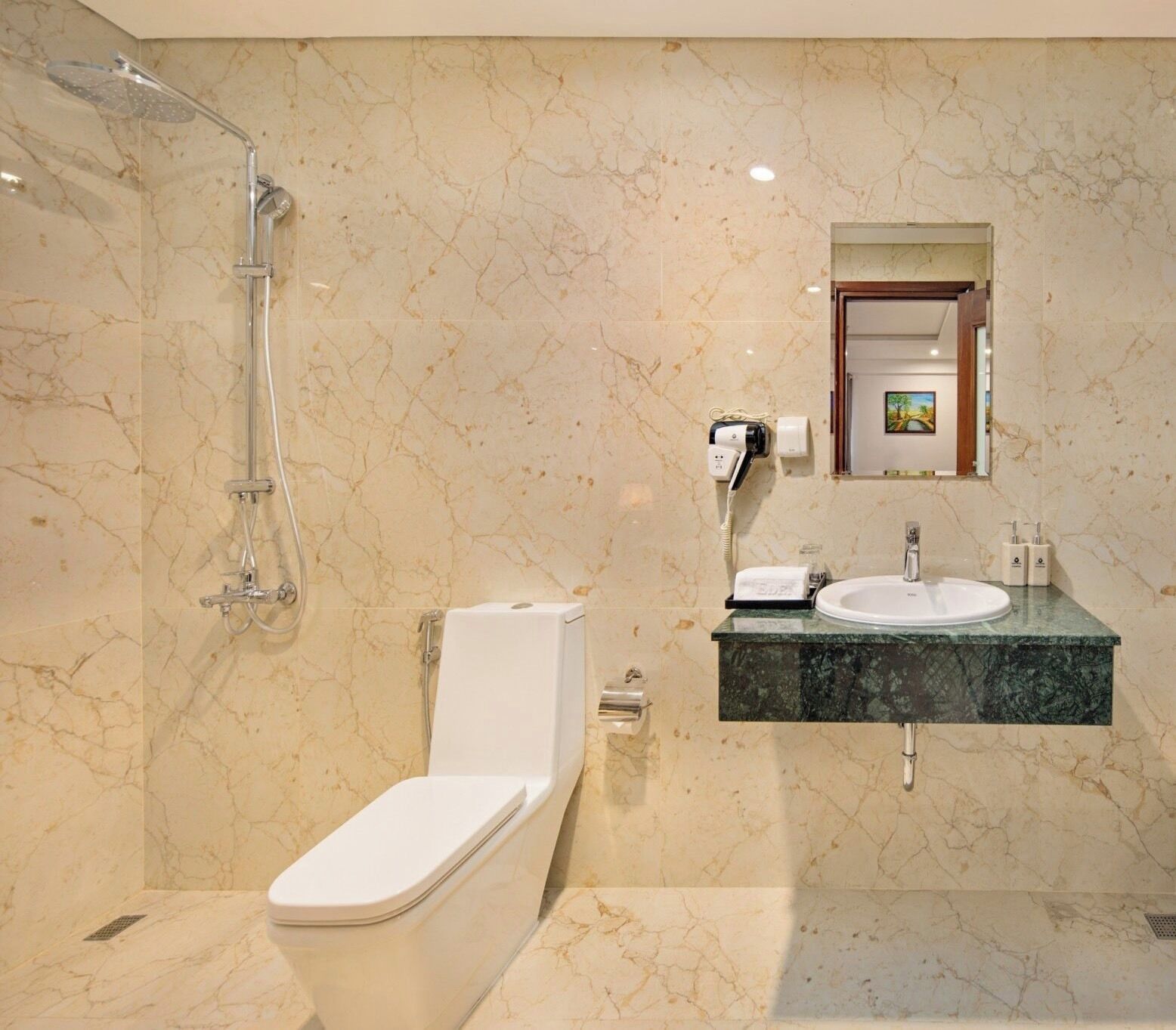 free toiletries, hair dryer, bathrobes, slippers