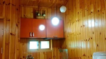 A wooden cabin interior with a kitchen area, including a stove, sink, and cabinets.