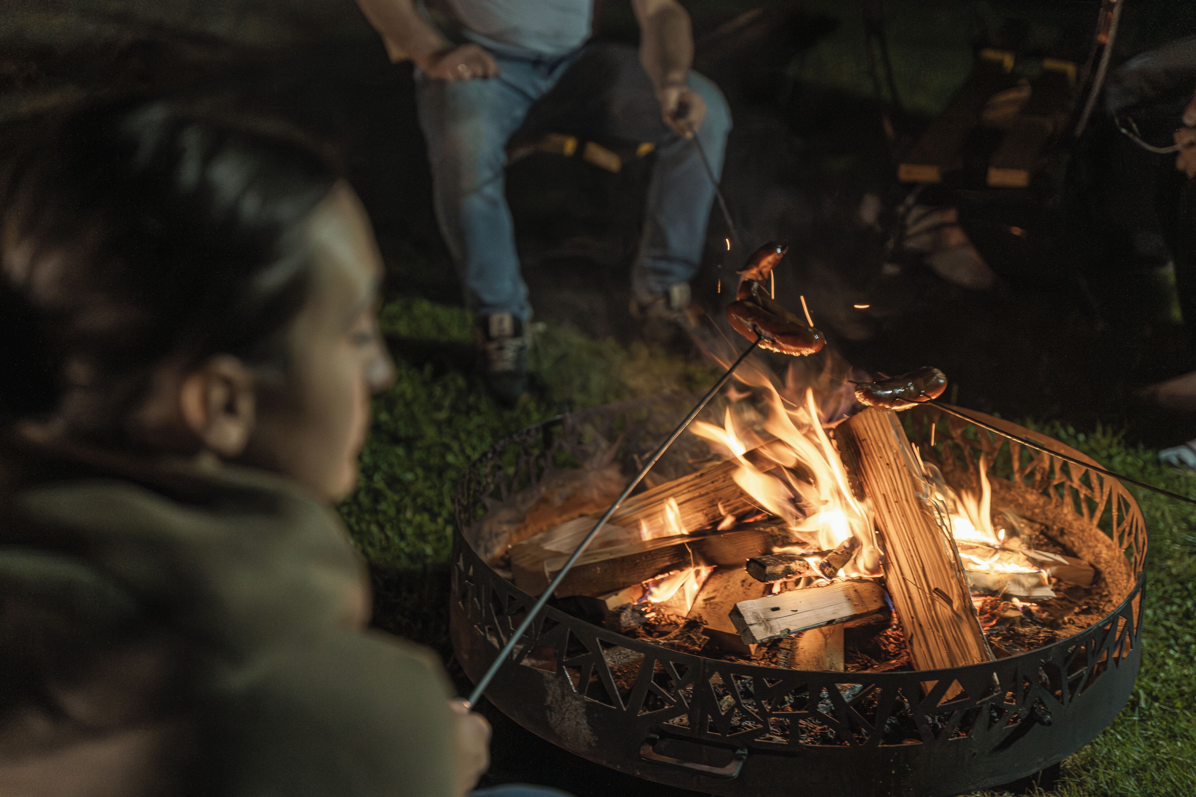 A campfire with logs and a metal fire pit.