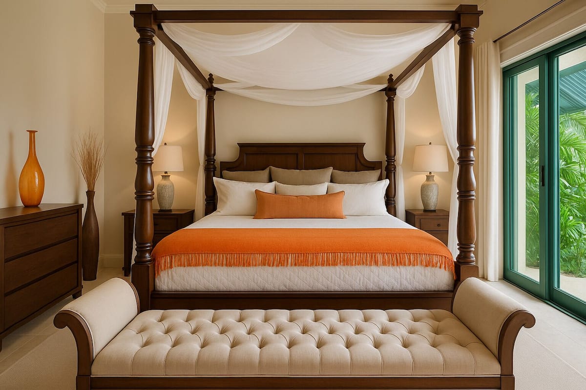 Una cama con dosel y cuatro columnas, un cabecero capitonado, un banco al pie de la cama y vistas a la vegetación a través de un ventanal amplio.
