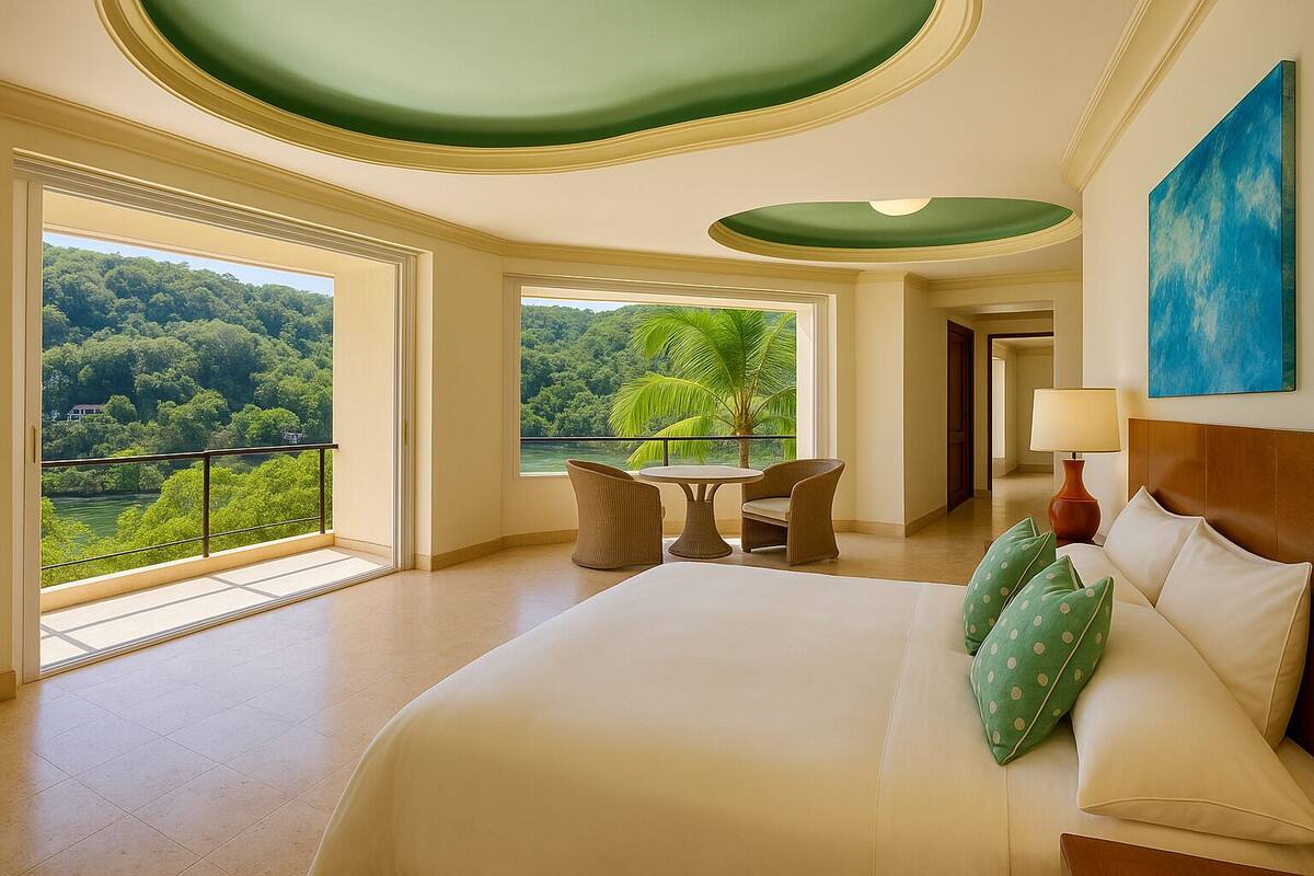 Un dormitorio amplio con una cama grande, una mesa de comedor con sillas y vistas a la vegetación exuberante.
