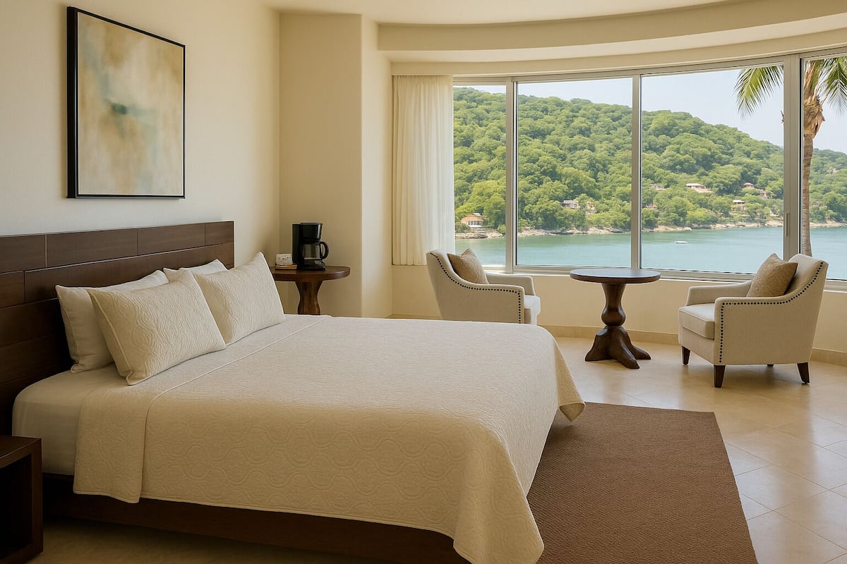 Habitación de hotel con una cama grande, dos sillones, una mesita de centro y vistas a una ladera boscosa.