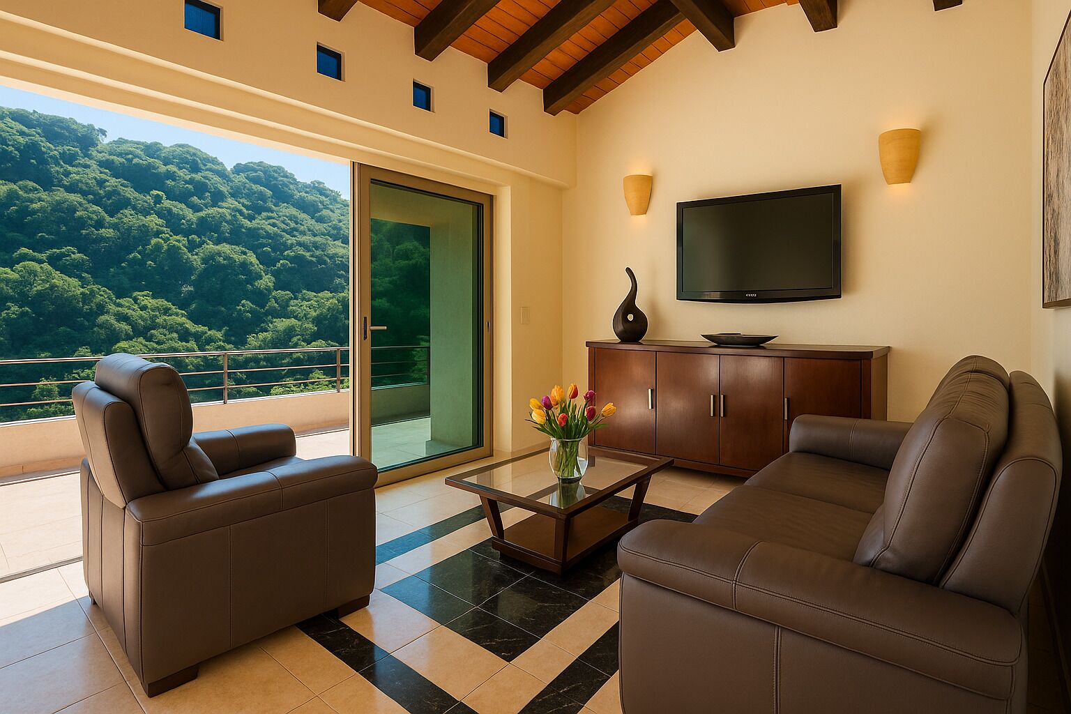 A modern living room with a sofa, armchairs, a coffee table, and a TV. There is a sliding glass door leading to a balcony with a view of a forested area.